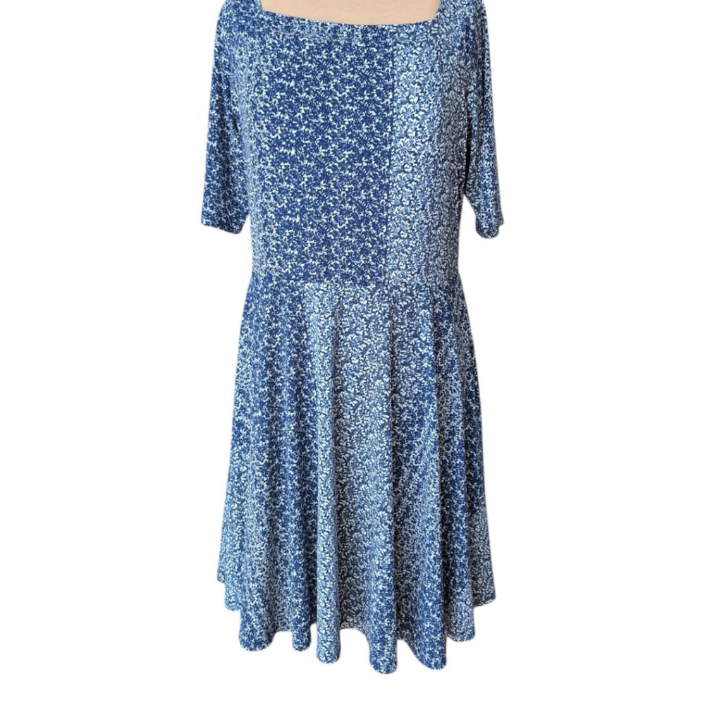 BCBGeneration Blue White Floral Square Neck Fit Flare Dress Comfort Stretch Lg